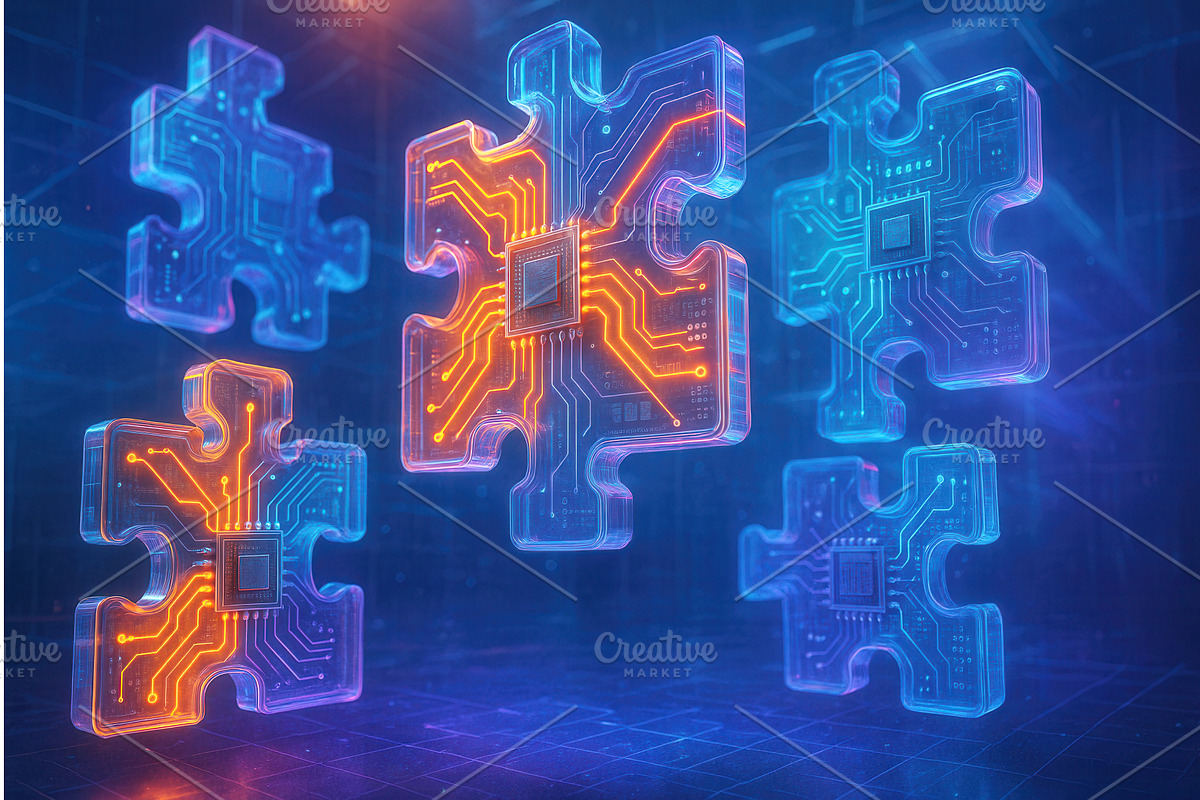 Illuminated puzzle pieces with, a Technology Illustration by Sergey Kotenev