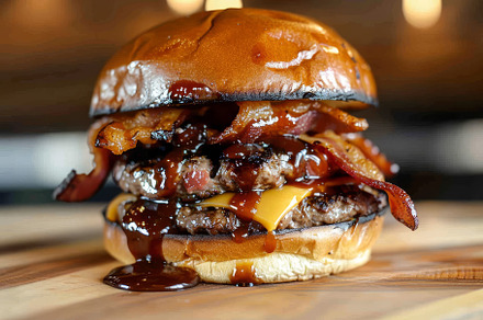A bacon cheeseburger topped with cri, a Photo by Iftikhar Alam