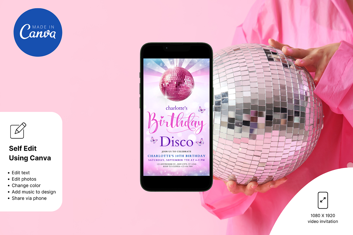 Pink Birthday Disco Party Invitation, an Invitation Template by Earth5168 (Photo 5 of 9)