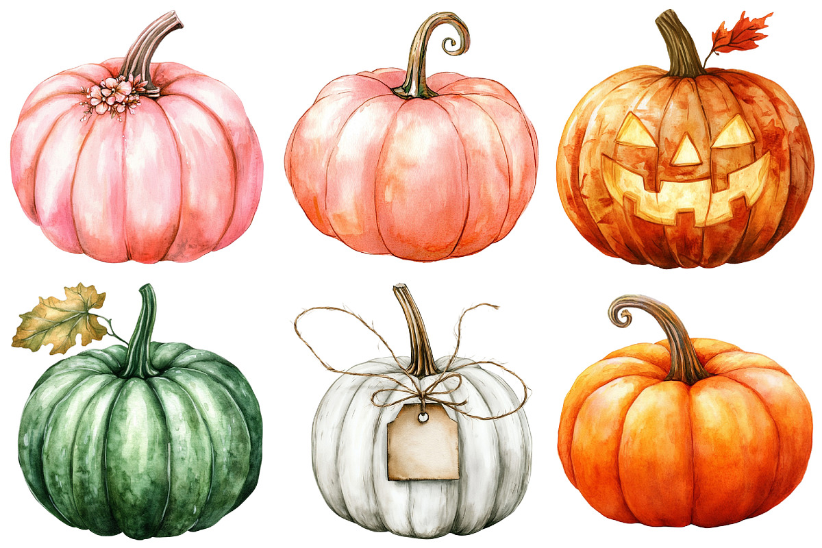 Watercolor Fall Pumpkin Clipart, an Illustration by Craft Nest (Photo 2 of 6)