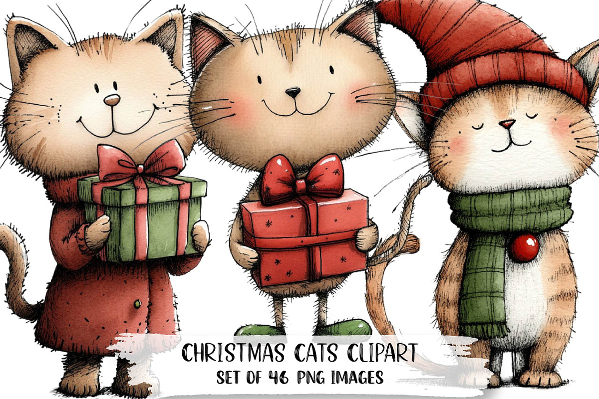 Watercolor Christmas Cats Clipart, an Illustration by DreamPrint404 (Photo 1 of 7)