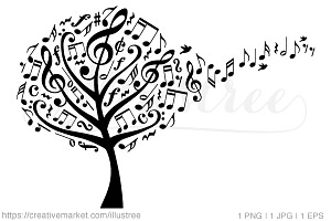 Music tree with flying notes, vector