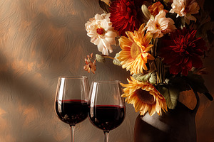 Still life with red wine glasses, cheese, grapes, and a vibrant flower bouquet, a Food & Drink Photo by Studio ANNA