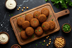 Crispy falafel arranged on wooden bo, a Food & Drink Photo by professorinc