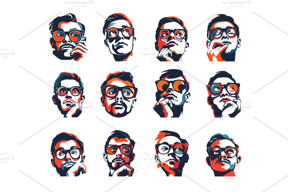 Thoughtful nerd avatars vector set, a Person Illustration by Stock-Smart-Start