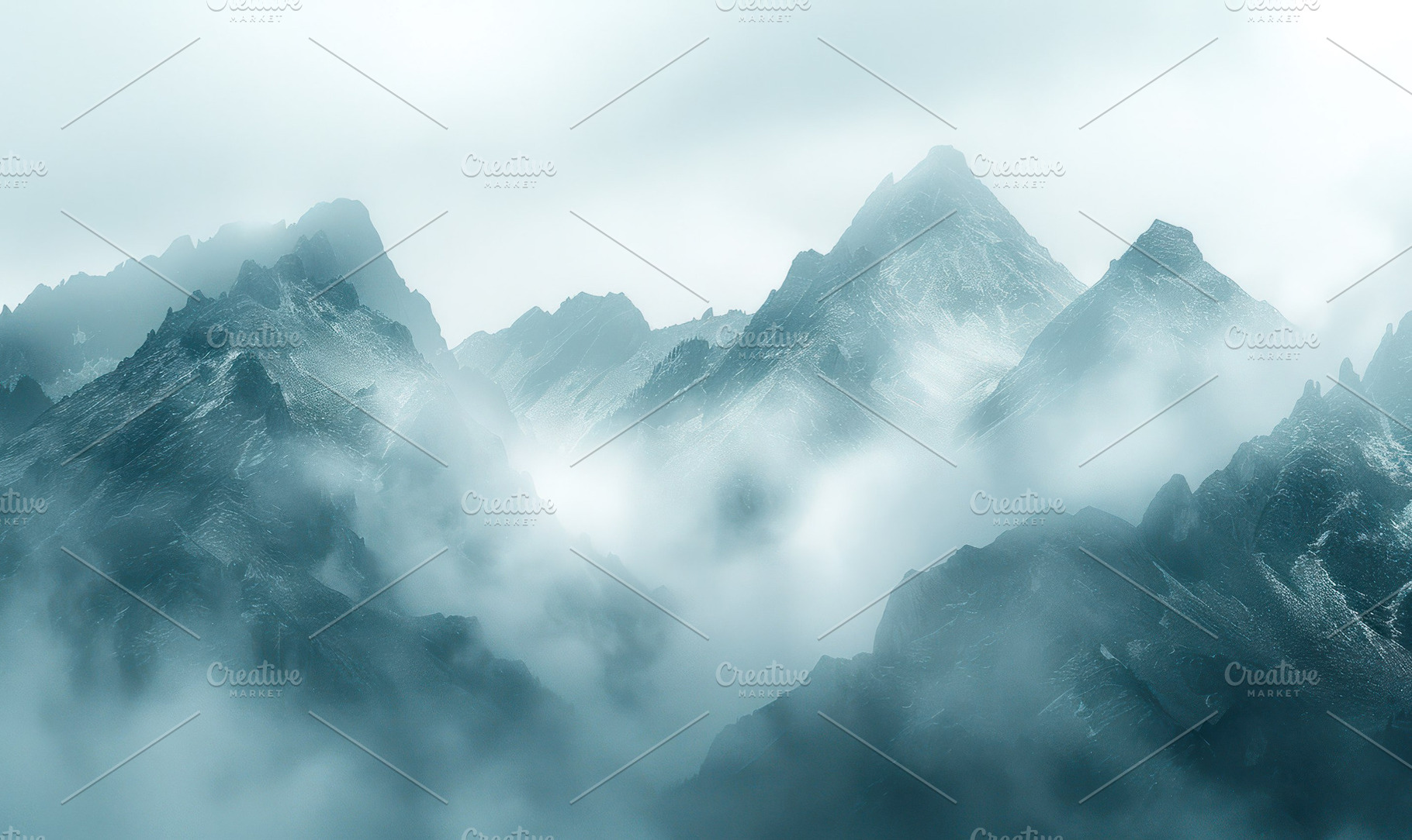 Ethereal blue mist enveloping rugged, a Photo by LOGOCREATIVE