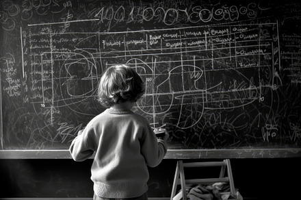 Photo of a child drawing a chalkboard full of complex mathematic, a School & Education Photo by designvectx
