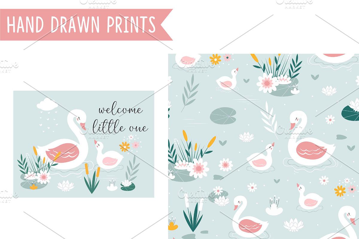 Hand Drawn Cute Swans, a Pattern Graphic by Black_sun