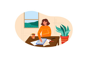 Woman designer character work on, a Technology Illustration by vectorpointstudio