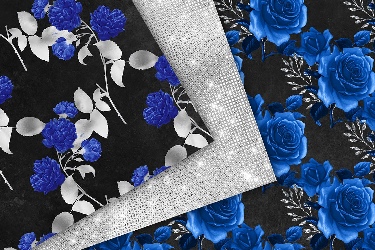 Royal Blue & Silver Floral Patterns, a Pattern Graphic by Digital Curio