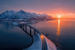 Scenic Bridge at Sunset Lofoten Isla, a Photo by Pixeness Studio