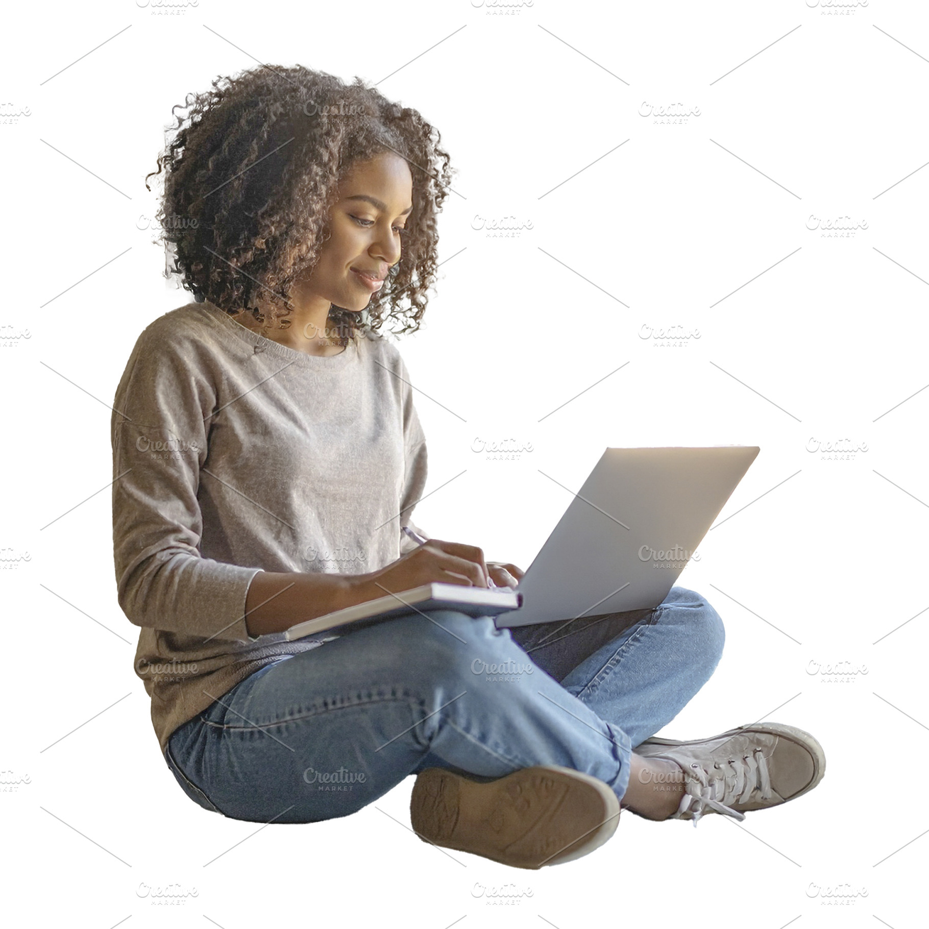 Student sitting with a laptop and notebook isolated photo, a Person Photo by DanFLCreativo
