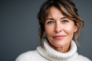Woman with warm smile wearing a cozy sweater on a grey background indoors, a Person Photo by AlyaAnd