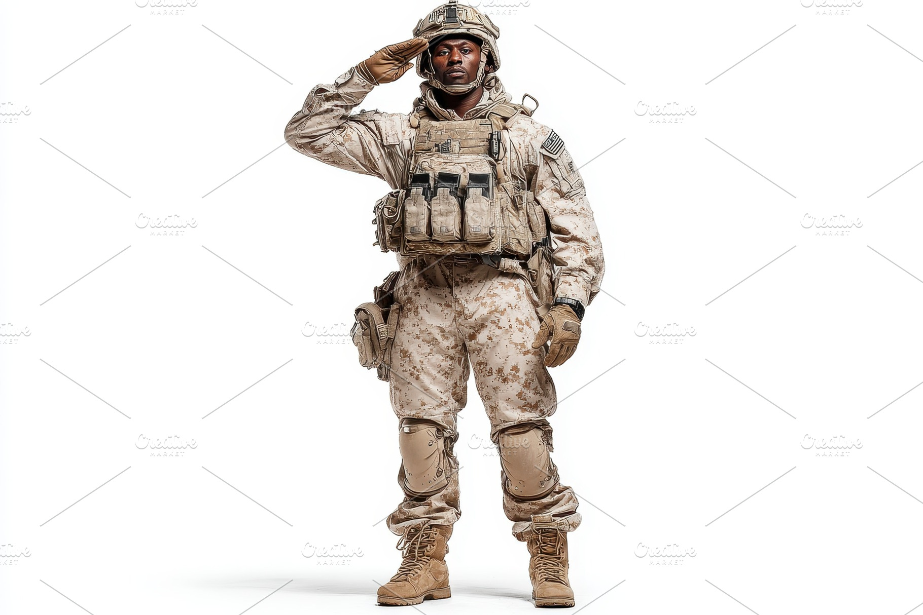 Soldier saluting in desert camouflag, an Arts & Entertainment Photo by Pixeness Studio