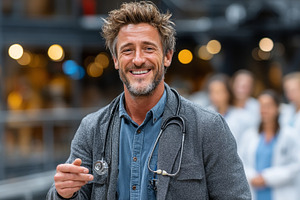 Smiling male doctor engaging with colleagues in a healthcare facility, a Health & Medical Photo by AS photostudio