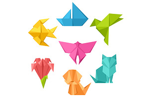 Set Of Origami Toys. Folded Paper