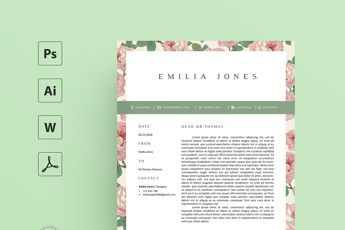 Floral Resume Template / CV template, a Resume Template by MH Design ...