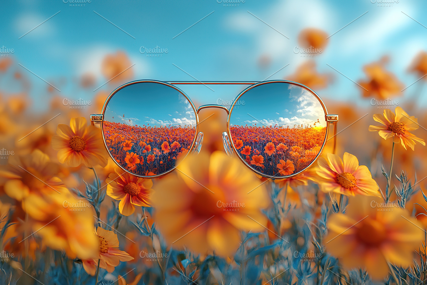 Reflection of a vibrant flower field in sunglasses at sunset, a Nature Photo by AlyaAnd