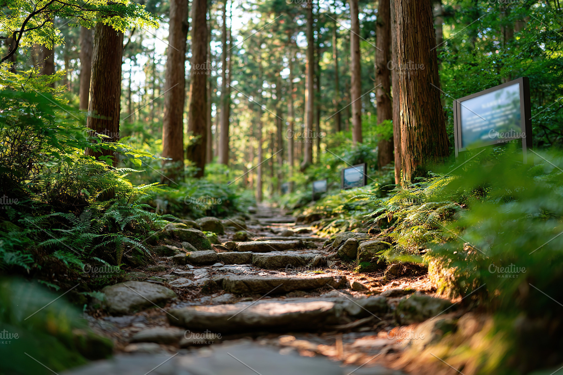 Walking path through a serene Japanese forest with sunlight filtering through t, a Photo by AlyaAnd