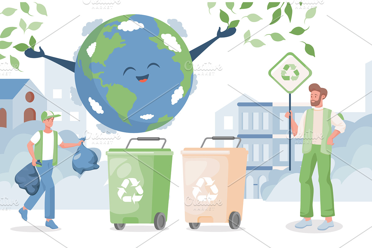 Smiling boy putting garbage in, a Healthcare Illustration by Pavlo Plakhotia's Shop