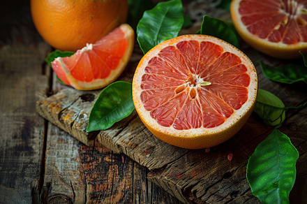 Fresh and tasty grapefruits with green leaves on wooden background, a Food & Drink Photo by AlyaAnd