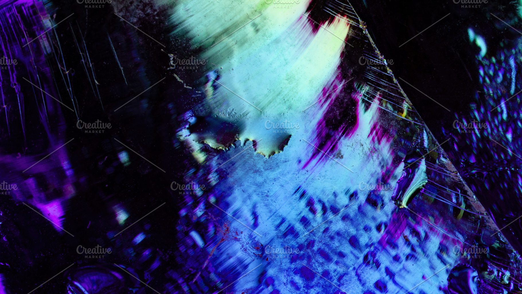 Abstract image of wet glass surface with vivid cyan, purple, and, an Abstract Photo by Ales Munt