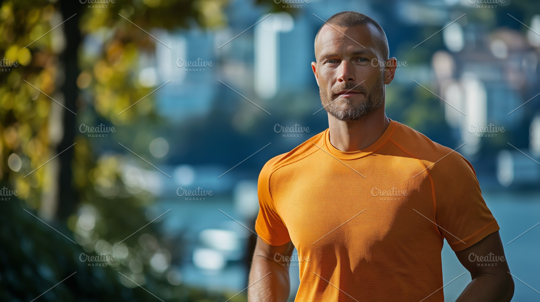 Fit Caucasian male in an orange shirt running outdoors, showcasing determinatio, a Person Photo by ImageMir