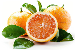Fresh and tasty grapefruits with green leafs isolated on white background, a Food & Drink Photo by AlyaAnd