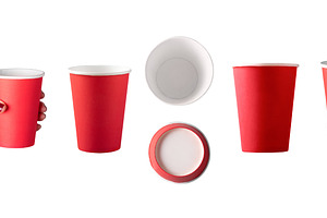 Collection of red paper cups with hands holding, isolated on whi, a Food & Drink Photo by Ales Munt