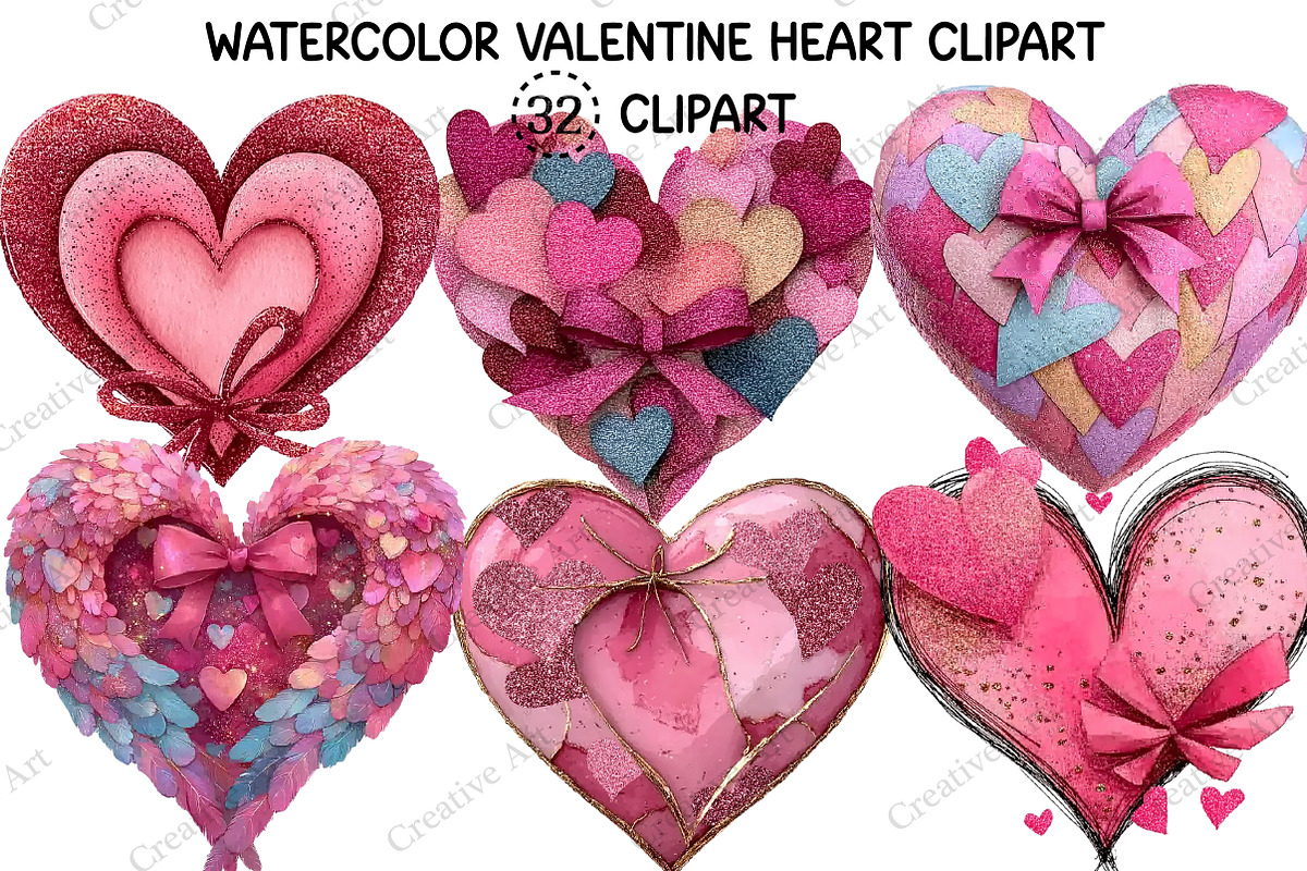 Watercolor Valentine Heart Clipart, an Illustration by Creative Art (Photo 1 of 9)