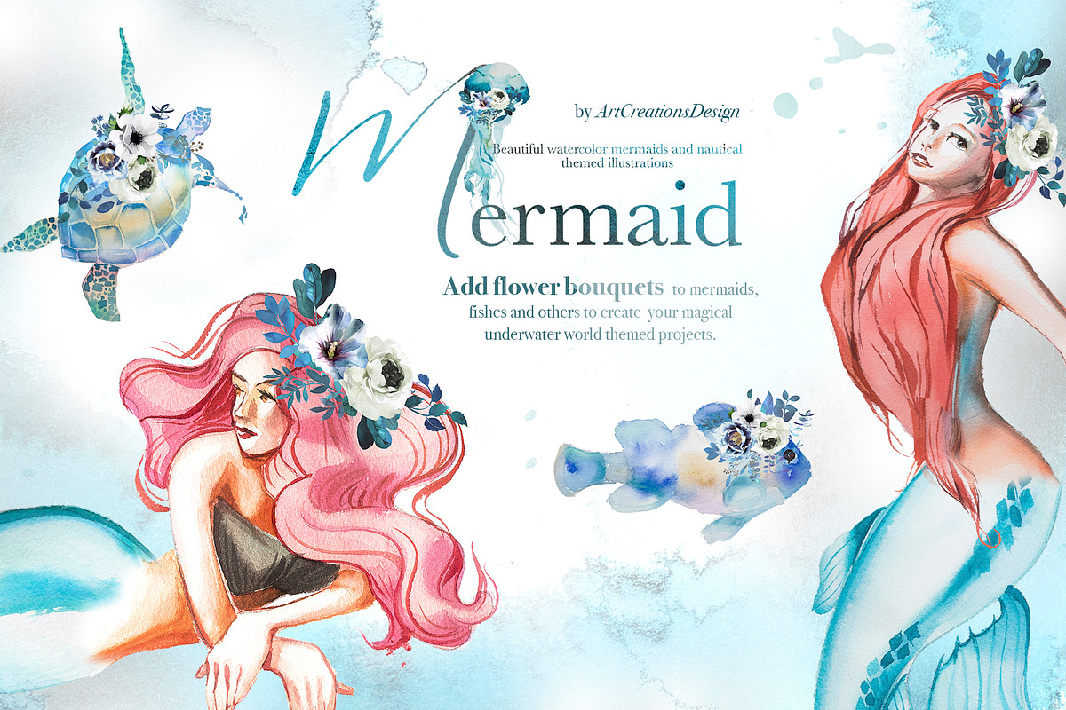 Hand-Painted Mermaid Clipart Set, a Person Illustration by ArtCreationsDesign (Photo 8 of 24)