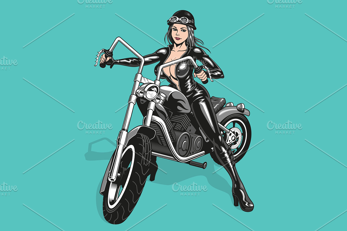 Biker woman in latex and motorcycle, a Person Illustration by Ledokolua