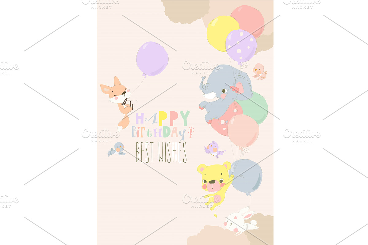 Cartoon Happy Animals flying with, an Animal Illustration by Maria Starus