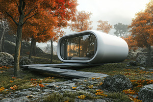 Beautiful futuristic facade of house building in the forest, an Architecture Photo by AlyaAnd
