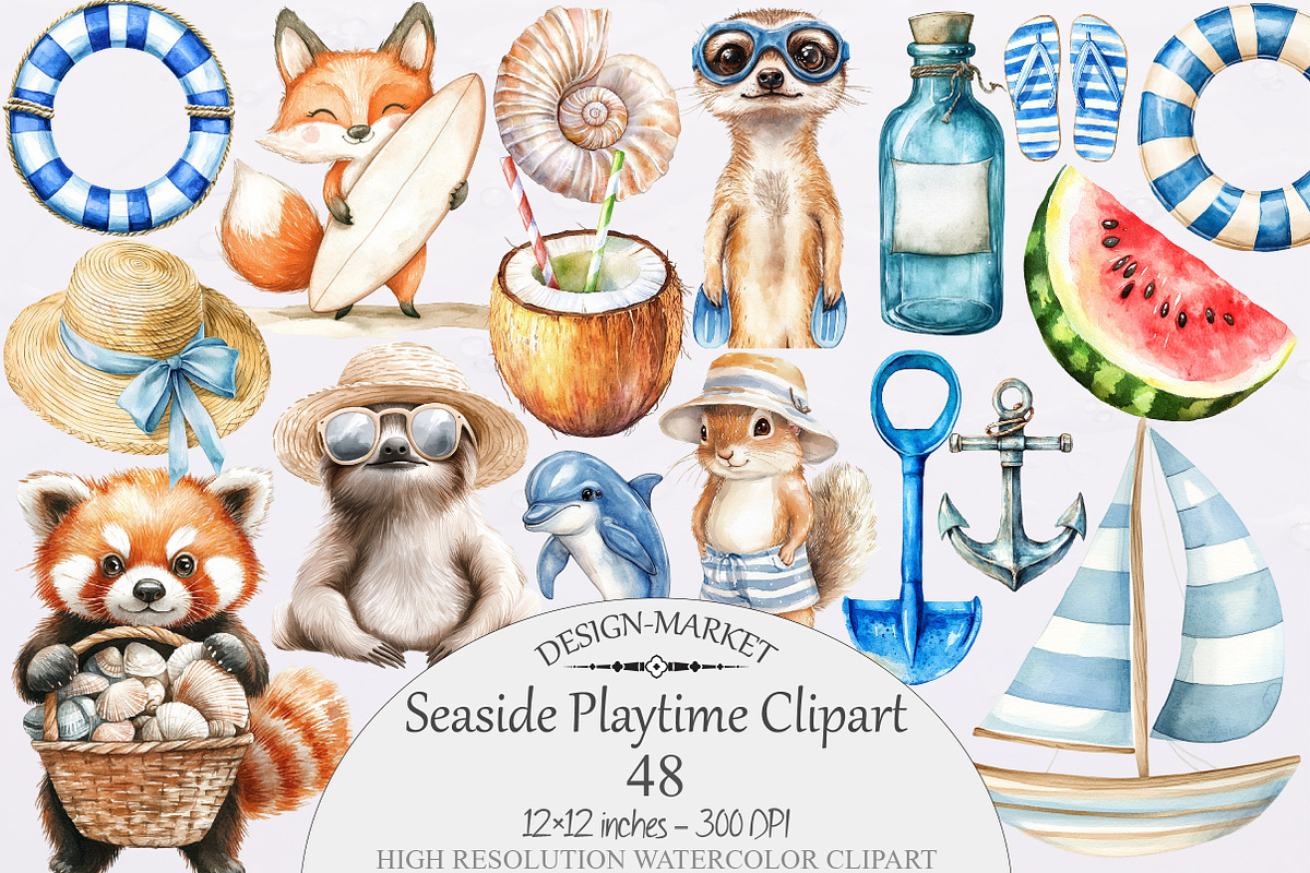 Watercolor Seaside Playtime Clipart, a Seasonal Illustration by Design Market (Photo 1 of 5)