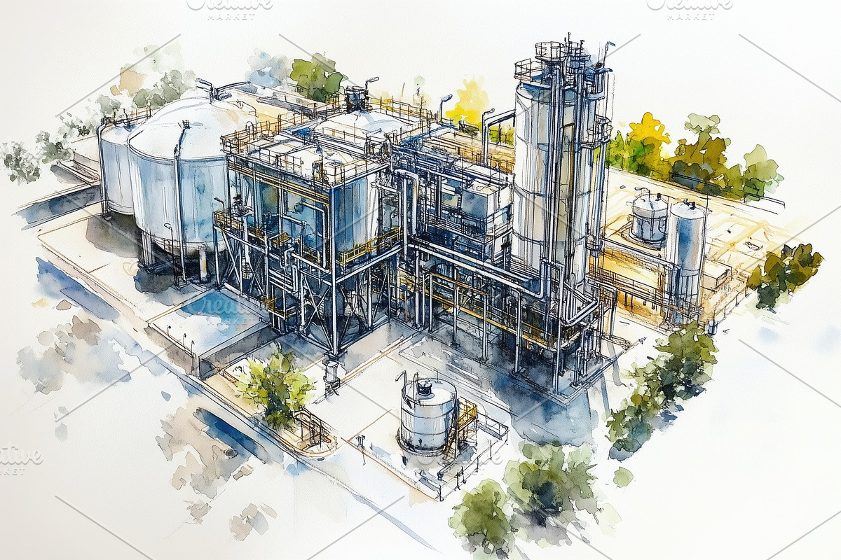 An artistic illustration of an industrial facility featuring large storage tank, a Technology Illustration by Textures & Backgrounds