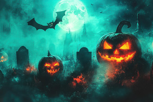 A spooky graveyard scene with glowing jack-o'-lanterns scattered among old tomb, a Holiday Photo by Mashimara