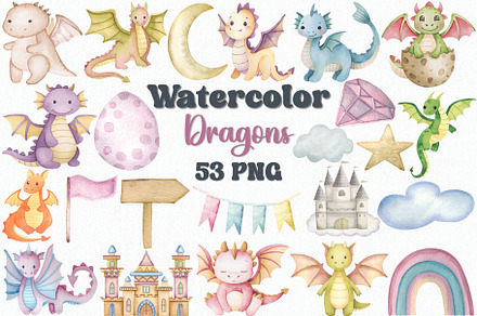 Watercolor Dragon Clipart Set