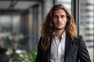 Young businessman in business suit with long hair standing on bl, a Business Photo by AlyaAnd