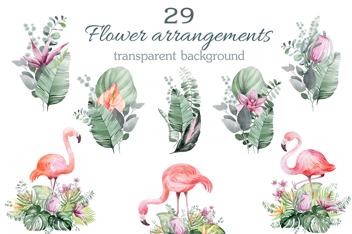 FLAMINGO & FLOWERS  tropical set, a Decorative Illustration by LenArt (Photo 11 of 18)