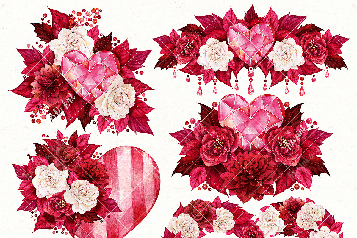 Red Valentines Day bouquets 12 PNG, a Decorative Illustration by KarinkaBU (Photo 2 of 5)