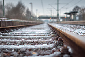 Close up view of icy railway tracks, a Transportation Photo by MistyDay