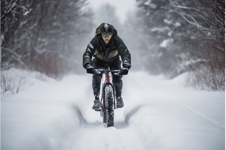 Person riding bike snow. Generate Ai, a Sports & Recreation Photo by Ylivdesign