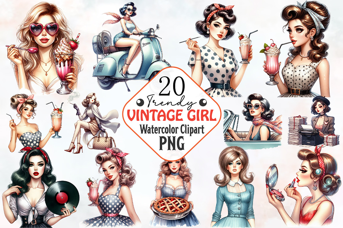 Trendy Vintage Girl Clipart, an Illustration by RobertsArt (Photo 7 of 7)