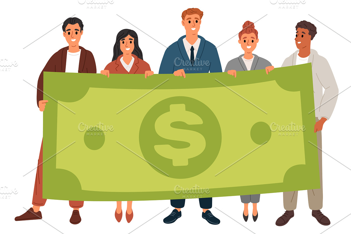 Businessmen and women in suits hold, a Finance Illustration by Vectorbuum