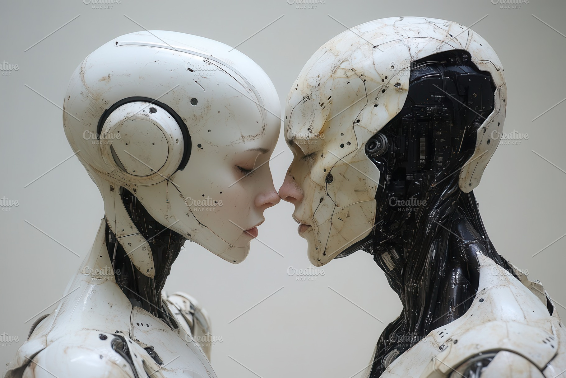 Two humanoid robots in an intimate m, a Photo by Tanuart
