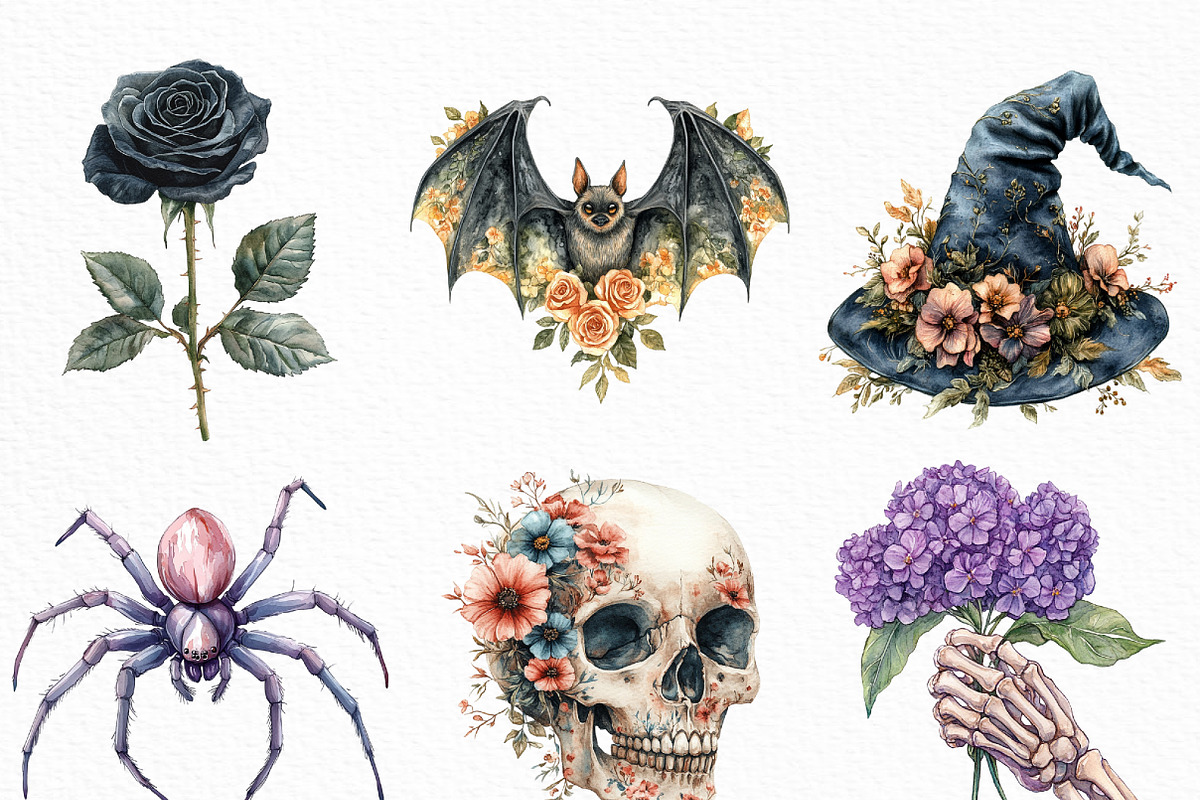 Watercolor Floral Halloween Clipart, an Illustration by Craft Nest (Photo 5 of 6)