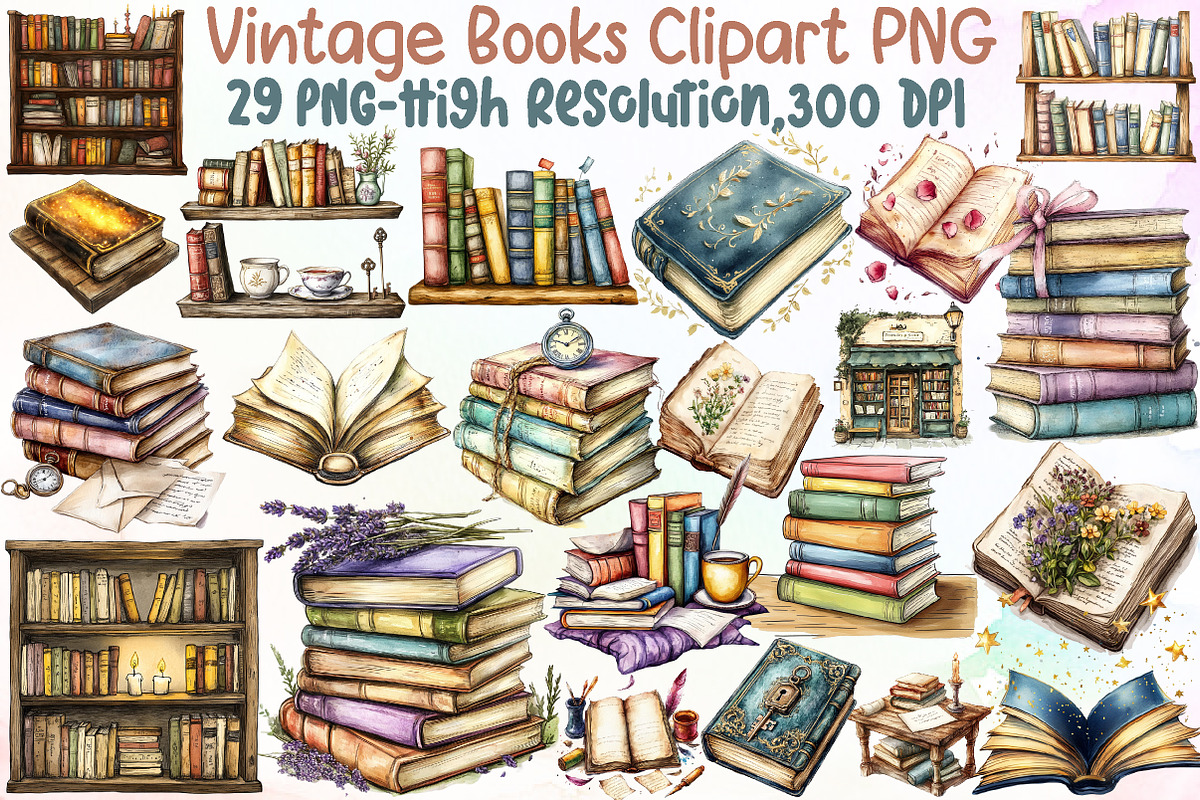 Watercolor Vintage Books Clipart PNG, an Illustration by Sublimation Artist (Photo 1 of 6)