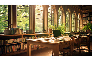 study laptop library ai generated, a School & Education Photo by pikepicture