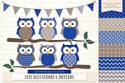 Royal Blue Owls Clipart & Patterns, an Animal Illustration by Amanda Ilkov (Thumbnail 1 of 4)